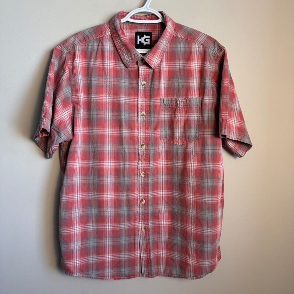 Mens Y2K Plaid Button Up Short Sleeve Shirt Red Gray Textured Cotton Size XL